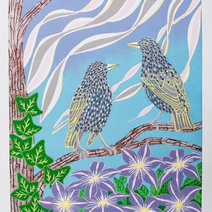 Lino Print art animals nature birds flowers plants wildlife tree starling countryside garden