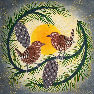 Christmas birthday festive greeting card birds nature wildlife tree wren squirrel blank inside