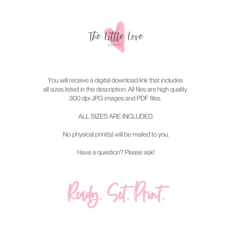 Op de afbeelding: Een witte achtergrond met tekst en een roze aquarel hart. De tekst luidt "The Little Love Shoppe" en "Ready. Set. Print." Extra tekst legt de details van de digitale download uit, inclusief bestandstypen en -formaten.