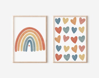 Boho Rainbow Heart Prints Set: Watercolor Nursery Art (Digital Download)