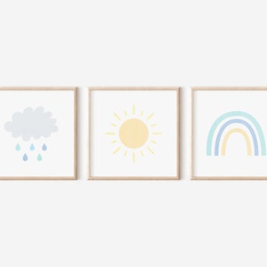 Láminas de acuarela sobre el clima: decoración infantil con sol, lluvia y arcoíris (juego de 3) (descarga digital)