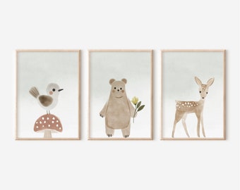 Woodland Animal Nursery Art Prints: Spring Bear, Bird, Deer (Digital Download)