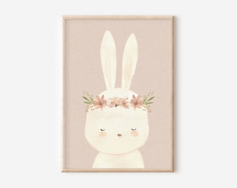 Floral Boho Bunny Print, Bunny Nursery Wall Decor, Girls Room, Rainbow Boho Wall Art