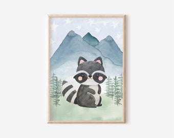 Watercolor Racoon Nursery Decor: Woodland Animal Print (Digital Download)