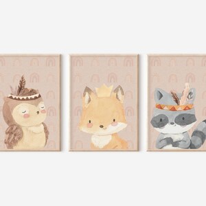 Boho Woodland Party Animal Wall Art, Boho Nursery Wall Decor, Boho Kids Wall Art