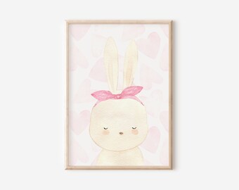 Boho Bunny Watercolor Print: Hearts Nursery Decor (Digital Download)