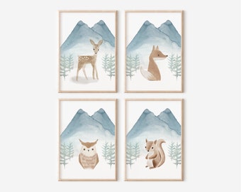 Woodland Animal Nursery Decor Prints: Set of 4 (Digital Download)