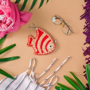 Tigrefish coin purse with keychain summer handy zipper closure, zippered coin purse pouch, fish shaped handmade purse, shaped coin purse