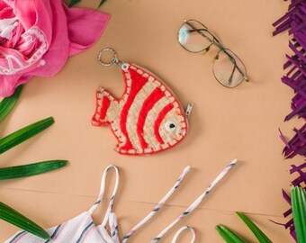 Tigrefish coin purse with keychain summer handy zipper closure, zippered coin purse pouch, fish shaped handmade purse, shaped coin purse