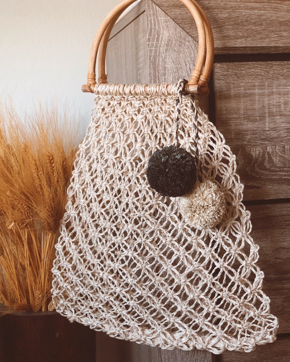 100/% Jute Hessian Braided shoulder Handbag with Removable Pom Pom Tassels