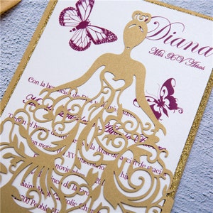 Tema Princesa - Quinceañera - Sweet 16 - Despedida de soltera - Vestido de salón - Desfile - Invitación Laser Cut - Invitación Gate Fold Laser Cut