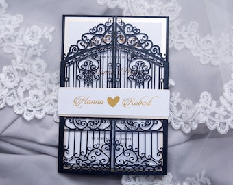 Retro Iron Gate Laser Cut Invitation - Wrought Iron - Ornamental Iron - Gate Fold - Paris - Hearts - Black