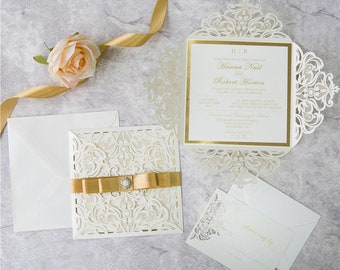 Ivory and Gold Lace Laser Cut Wedding Invitation Set - Ready to Go Invitation - Lace Laser Cut - Jewel Embellishment - Square - Ribbon