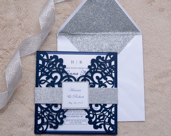 Floral Laser Cut Invitation - Ready to Go Invitation Set - Floral - Square  - Navy Blue - Silver - Gate Fold - Glitter - Square