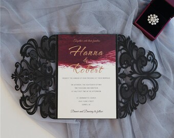 Lace Laser Cut Invitation - Gate Fold Laser Cut Invitation - Black Lace - Black - Lace Gate Fold Invitation - Classic – Vintage
