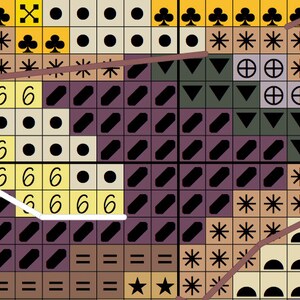 May include: A cross-stitch pattern with a variety of symbols and the number 6. The design features squares in shades of yellow, brown, green, and purple. Symbols include asterisks, clubs, and arrows.