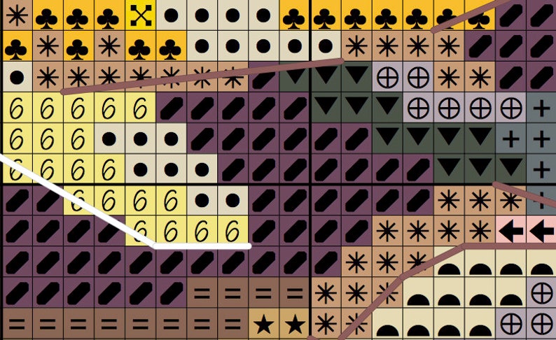 May include: A cross-stitch pattern with a variety of symbols and the number 6. The design features squares in shades of yellow, brown, green, and purple. Symbols include asterisks, clubs, and arrows.