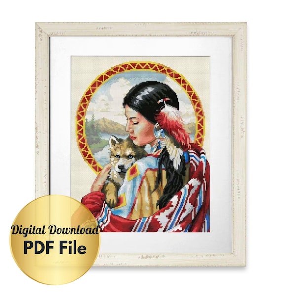 Native American Woman and Wolf Cross Stitch Pattern (PDF)