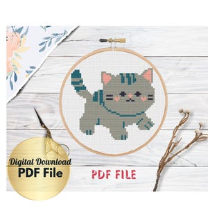 Cross Stitch Pattern - The Gray Cat - Counted Cross Stitch / Easy / Beginners Cross Stitch Design/ PDF File / Instant Download