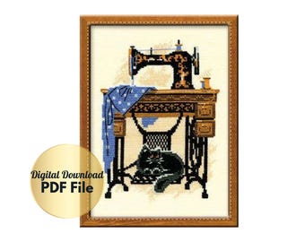 May include: A framed cross-stitch pattern featuring a vintage sewing machine, a black cat, and a blue and white fabric. The sewing machine is on a wooden table with drawers. The cat is sitting on the floor in front of the sewing machine. The pattern is in a wooden frame with a gold trim.