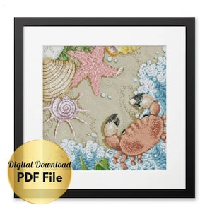 May include: A cross-stitch pattern featuring a crab, starfish, and seashells on a sandy beach background. The pattern is framed in a black frame.