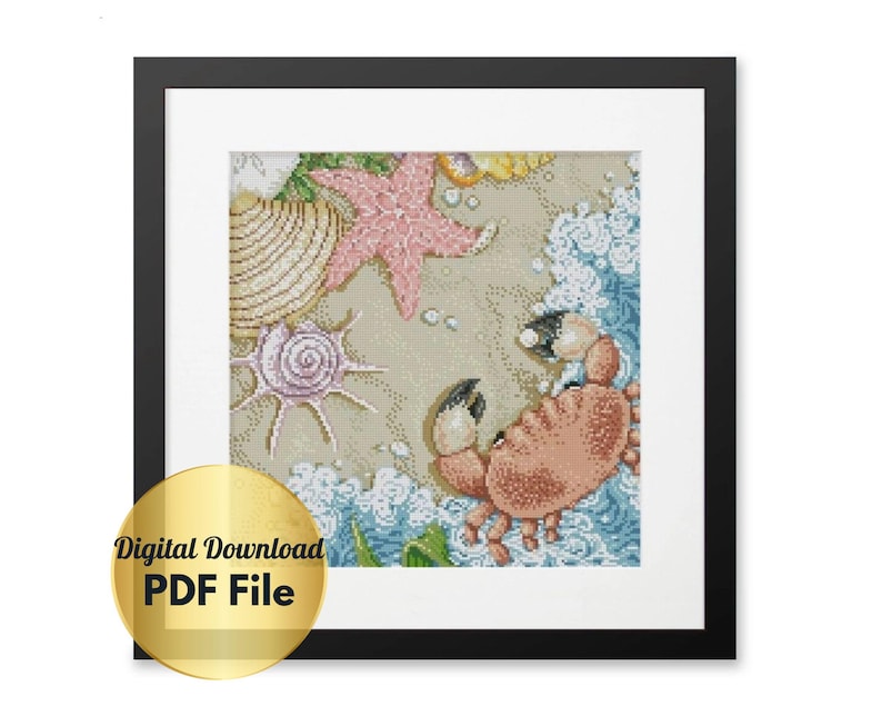 May include: A cross-stitch pattern featuring a crab, starfish, and seashells on a sandy beach background. The pattern is framed in a black frame.