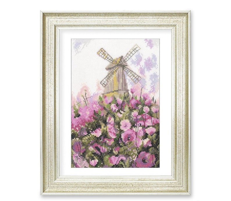 Dreamy Windmill and Pink Flowers Counted Cross StitchDigital FileInstant DownloadPDF File
