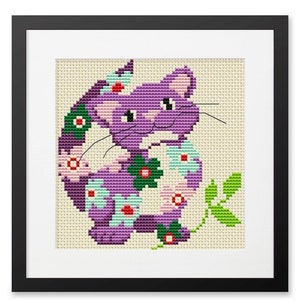 Purple Kitty - Simple, Easy, Beginner Counted Cross Stitch Design/ Instant Download/Digital Download/PDF File