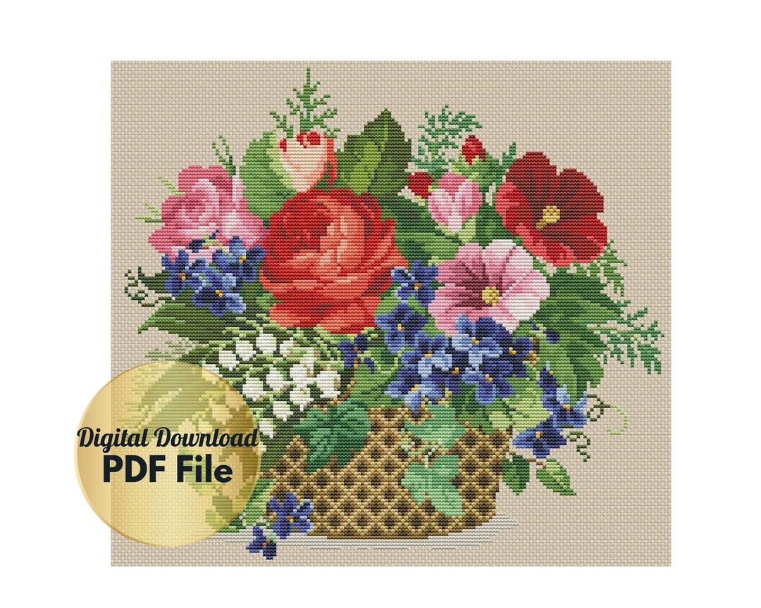 Cross Stitch Pattern - Basket Flowers - Counted Cross Stitch Pattern ...