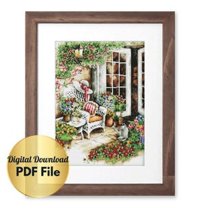Cross Stitch Pattern - Midsummer At Grandma&#39;s Patio -Cross Stitch Design/Counted Cross Stitch/PDF File/Instant Digital Download