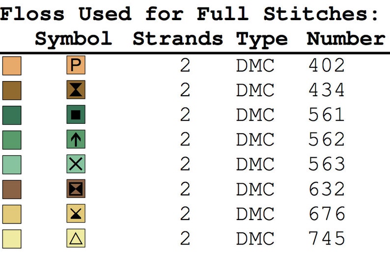 May include: A chart showing floss colors and their corresponding DMC numbers, strands, and symbols. The floss colors include peach, brown, green, and yellow.