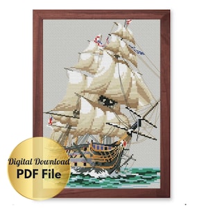 May include: A cross-stitch pattern of a detailed, multi-masted sailing ship with white sails and a brown hull. The ship is sailing on a blue sea with green waves. The pattern is framed in a brown wood frame.