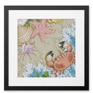 May include: A cross-stitch design featuring a crab, starfish, and seashells on a sandy beach background with blue waves.