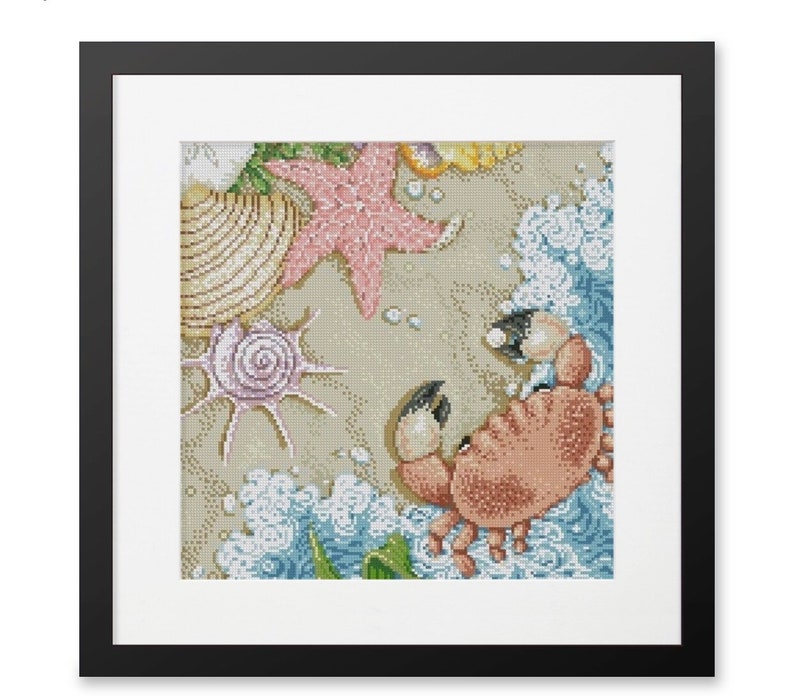May include: A cross-stitch design featuring a crab, starfish, and seashells on a sandy beach background with blue waves.