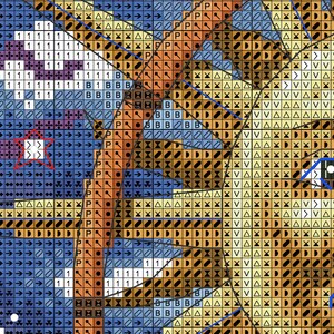 May include: A close-up of a cross-stitch pattern depicting a person's face. The face is brown and has a green eye. The background is blue with white stars.