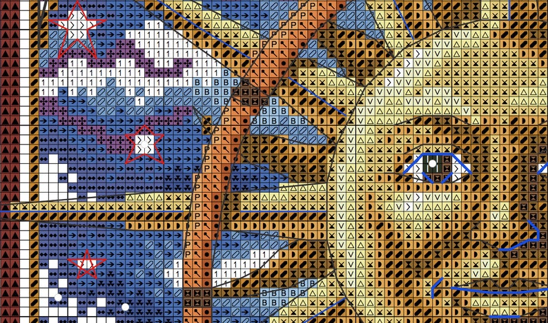 May include: A close-up of a cross-stitch pattern depicting a person's face. The face is brown and has a green eye. The background is blue with white stars.
