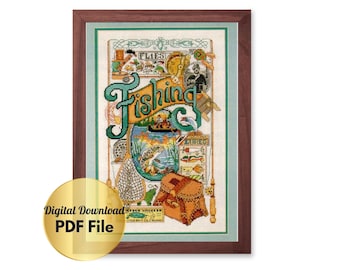 Fishing Memorabilia Vintage -Cross Stitch Pattern/Instant Digital Download/PDF File/Vintage Cross Stitch Design