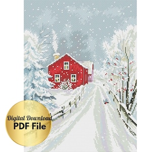 Cross Stitch Pattern - Winter and The Red House, Counted Cross Stitch/PDF File/Digital Download,Scenery Cross Stitch Design