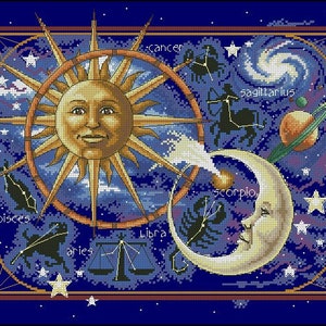 May include: A blue background with a gold sun and a white crescent moon. The sun and moon are surrounded by stars and the zodiac signs. The signs are: Cancer, Sagittarius, Scorpio, Pisces, Aries, and Libra.