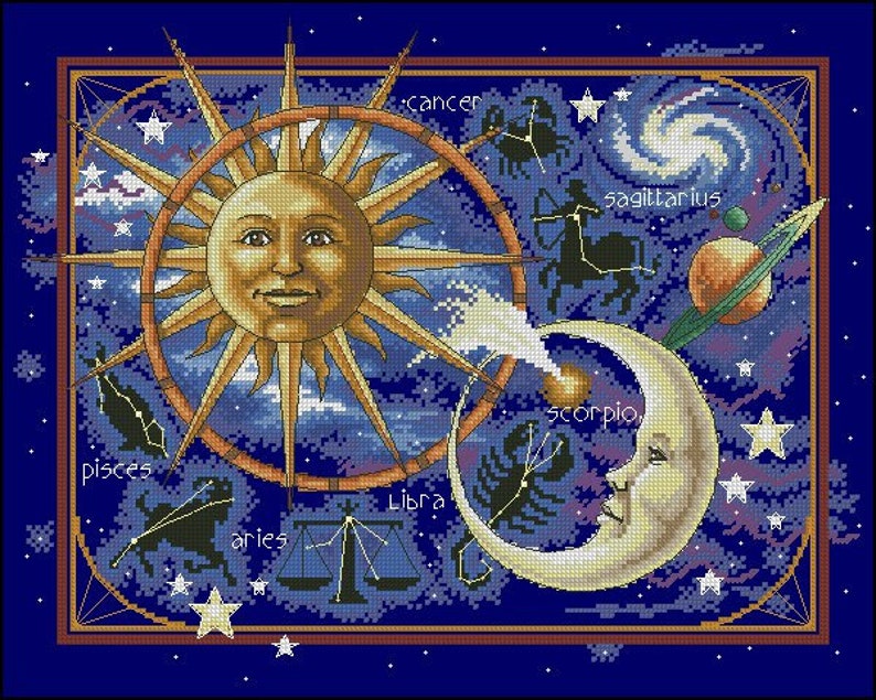 May include: A blue background with a gold sun and a white crescent moon. The sun and moon are surrounded by stars and the zodiac signs. The signs are: Cancer, Sagittarius, Scorpio, Pisces, Aries, and Libra.