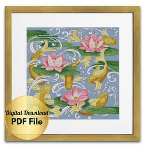Cross Stitch Pattern - Yellow Koi&#39;s and Water Lilly Flowers - Counted Cross Stitch/PDF File/Instant Download