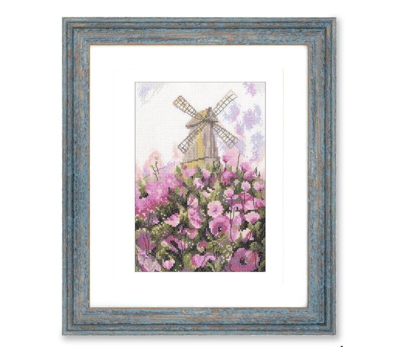 Counted Cross StitchDigital FileInstant DownloadPDF File Dreamy Windmill and Pink Flowers
