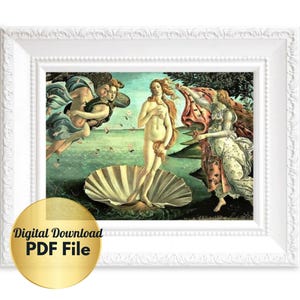Op de afbeelding: Een schilderij van de Geboorte van Venus door Sandro Botticelli. Het schilderij toont de godin Venus die uit een gigantische schelp komt. Ze wordt omringd door twee figuren, waarvan er één een rode mantel vasthoudt. Het schilderij is geschilderd tegen een achtergrond van een blauwe lucht en een groen landschap.