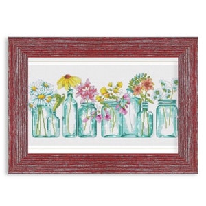 Flowers In Teal Glass Vases - Instant Digital Download/PDF File/Counted Cross Stitch