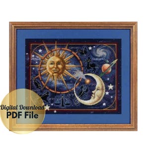 May include: A framed cross-stitch design featuring a sun and moon with zodiac symbols on a blue background.