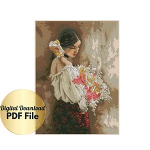 May include: A woman in a white dress with a floral pattern holds a bouquet of pink and white roses. The background is a soft brown with a blurred effect.