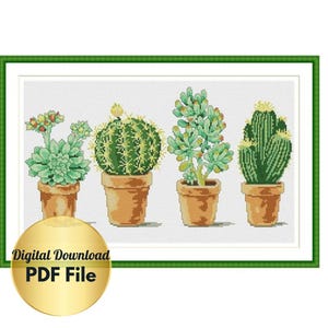 May include: Cross stitch pattern featuring four potted succulents. The succulents are in different shapes and sizes, with green and brown colors. The pattern is in a white frame with a green border.