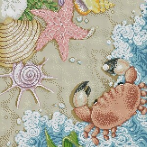 May include: A cross-stitch pattern featuring a crab on a sandy beach with seashells, starfish, and seaweed. The crab is red and has a white shell. The seashells are beige and pink. The starfish is pink. The seaweed is green.