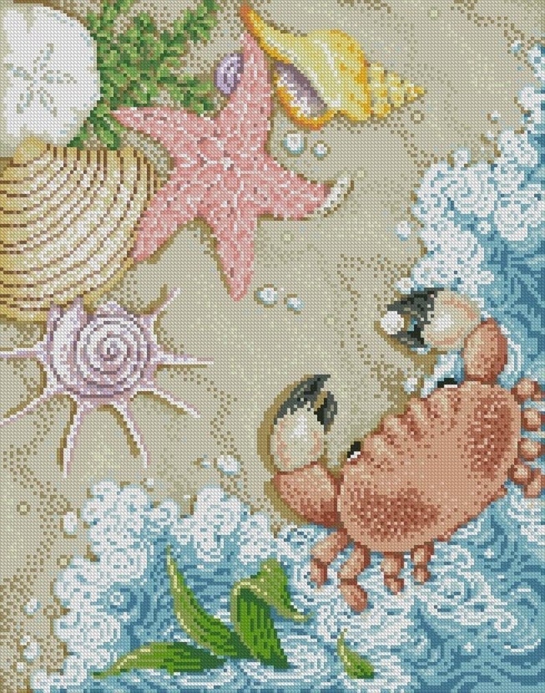 May include: A cross-stitch pattern featuring a crab on a sandy beach with seashells, starfish, and seaweed. The crab is red and has a white shell. The seashells are beige and pink. The starfish is pink. The seaweed is green.