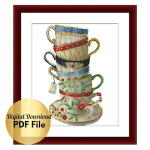 Cross Stitch Pattern - Victorian Tea Cups -Counted Cross Stitch/Digital File/Instant Download/PDF File